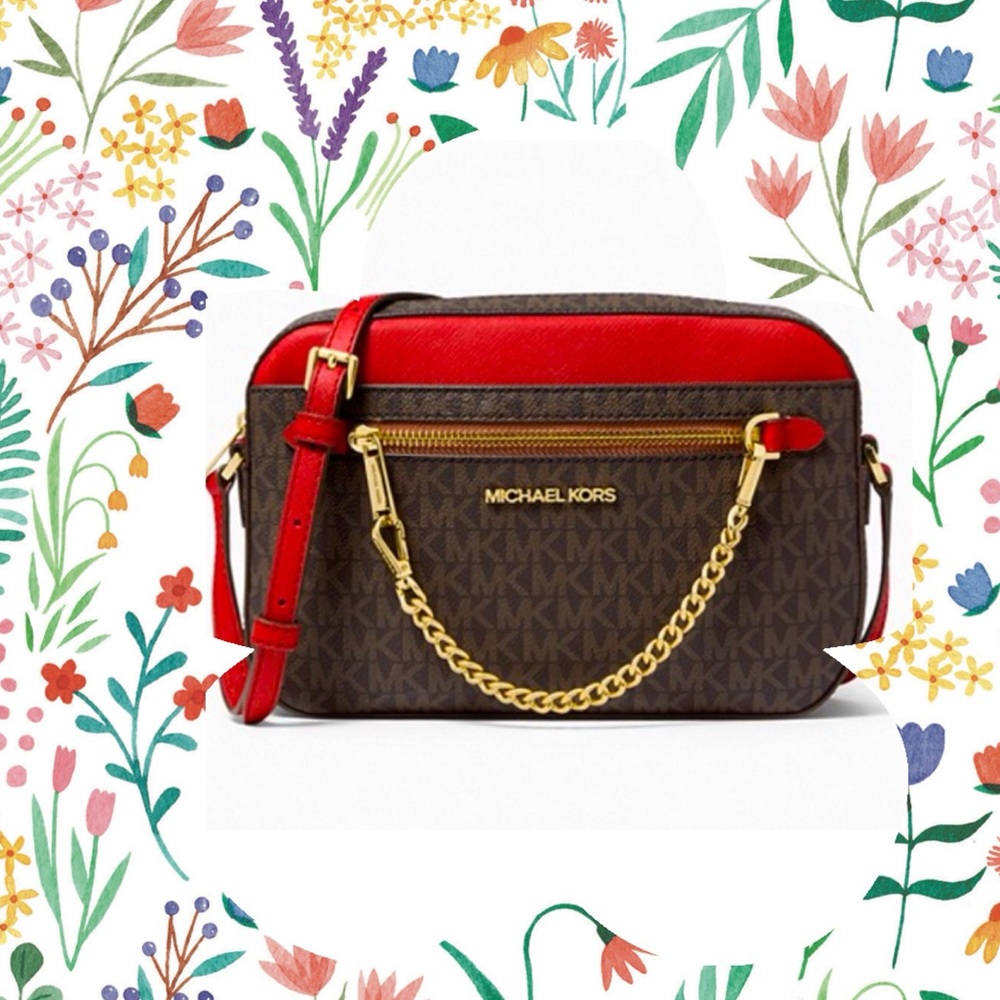 NWT Michael Kors Red/ Brown Jet Set Large Logo Crossbody Bag - Picture 8 of 8